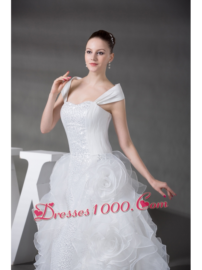 Princess Cap Sleeves Sequins Hand Made Flowers Wedding Dress