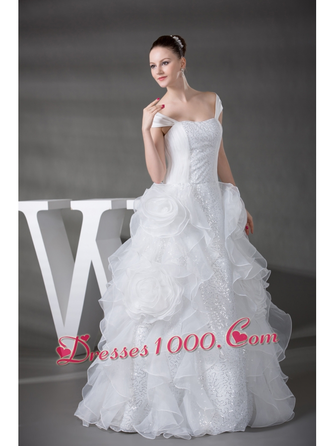 Princess Cap Sleeves Sequins Hand Made Flowers Wedding Dress