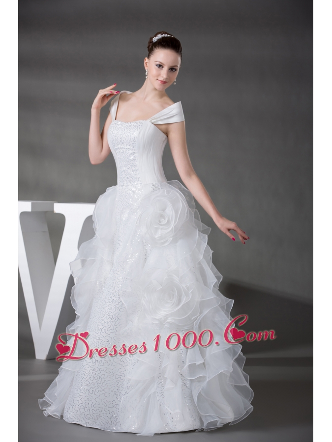 Princess Cap Sleeves Sequins Hand Made Flowers Wedding Dress