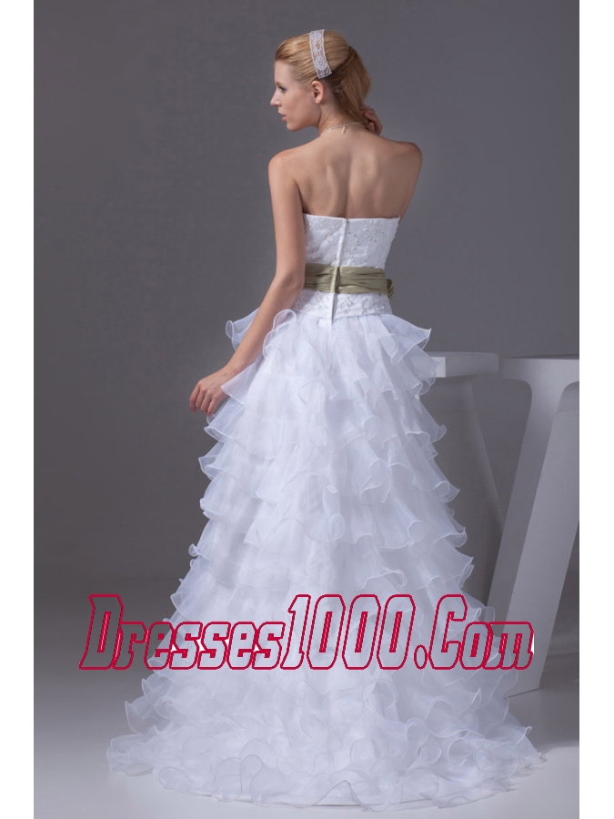 Princess High-low Sash Ruffled Layers Embroidery Wedding Dress