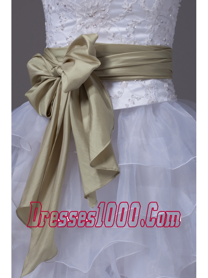 Princess High-low Sash Ruffled Layers Embroidery Wedding Dress