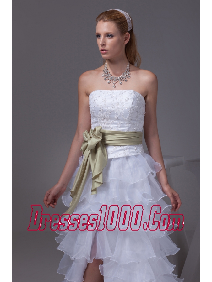 Princess High-low Sash Ruffled Layers Embroidery Wedding Dress