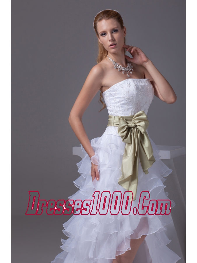 Princess High-low Sash Ruffled Layers Embroidery Wedding Dress