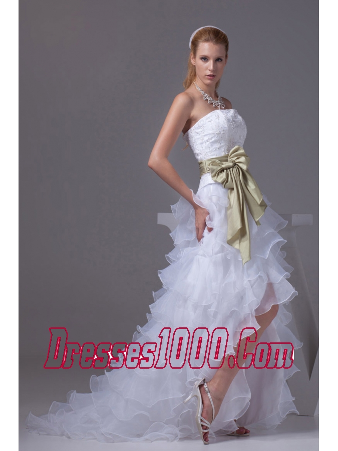 Princess High-low Sash Ruffled Layers Embroidery Wedding Dress