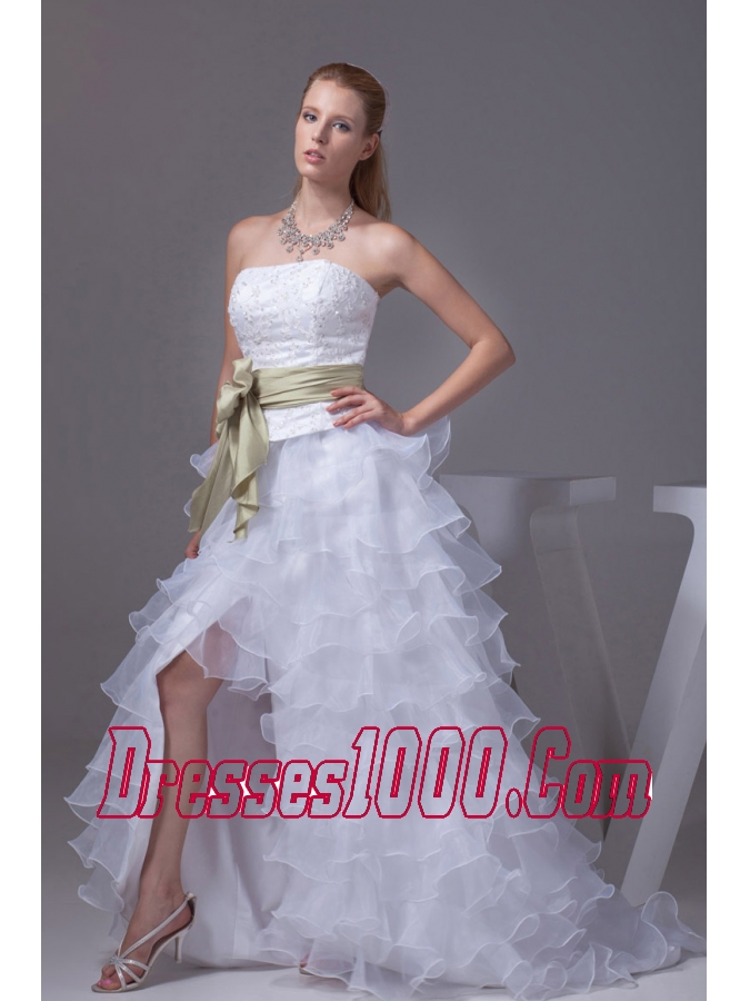 Princess High-low Sash Ruffled Layers Embroidery Wedding Dress