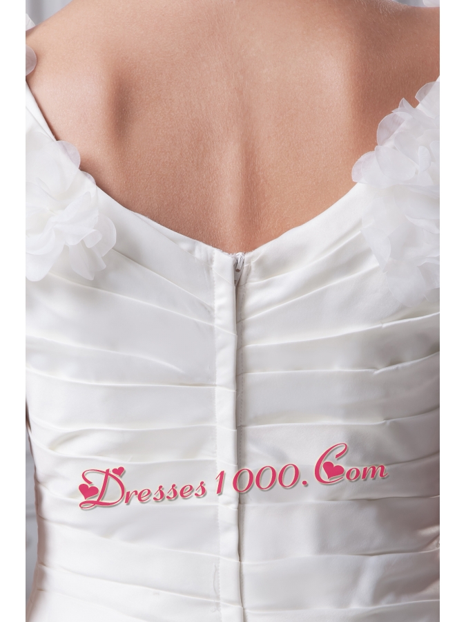 Ruching A-Line V-Neck Court Train Wedding Dress with Short Sleeves