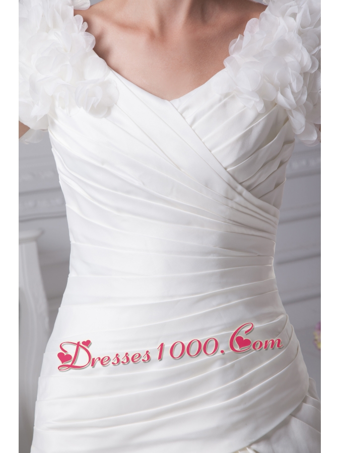 Ruching A-Line V-Neck Court Train Wedding Dress with Short Sleeves