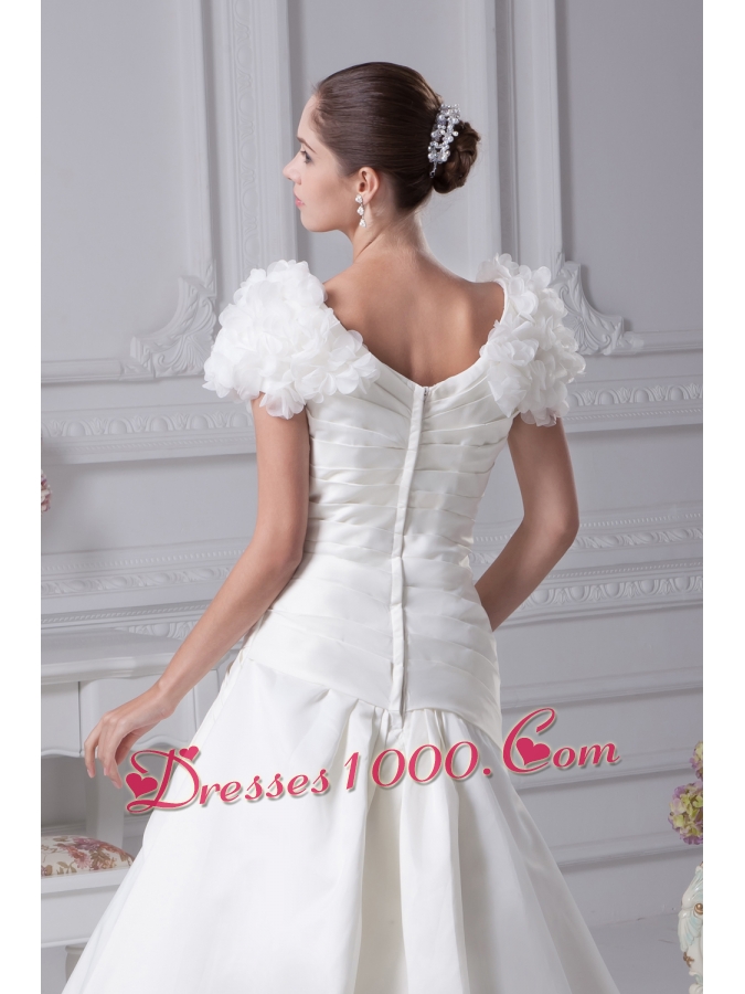 Ruching A-Line V-Neck Court Train Wedding Dress with Short Sleeves
