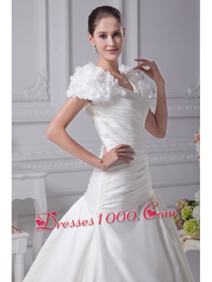 Ruching A-Line V-Neck Court Train Wedding Dress with Short Sleeves