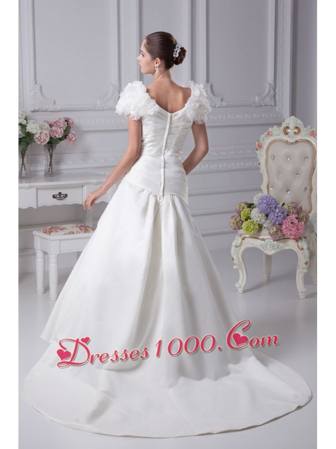 Ruching A-Line V-Neck Court Train Wedding Dress with Short Sleeves