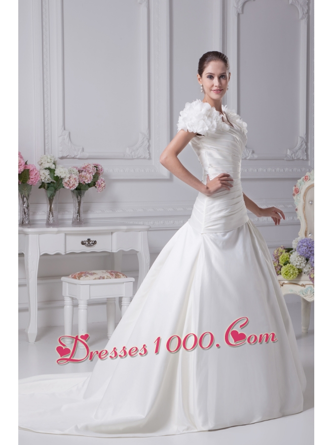 Ruching A-Line V-Neck Court Train Wedding Dress with Short Sleeves