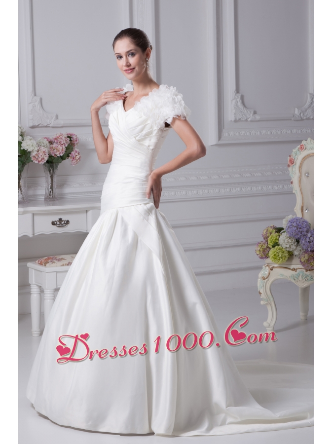 Ruching A-Line V-Neck Court Train Wedding Dress with Short Sleeves