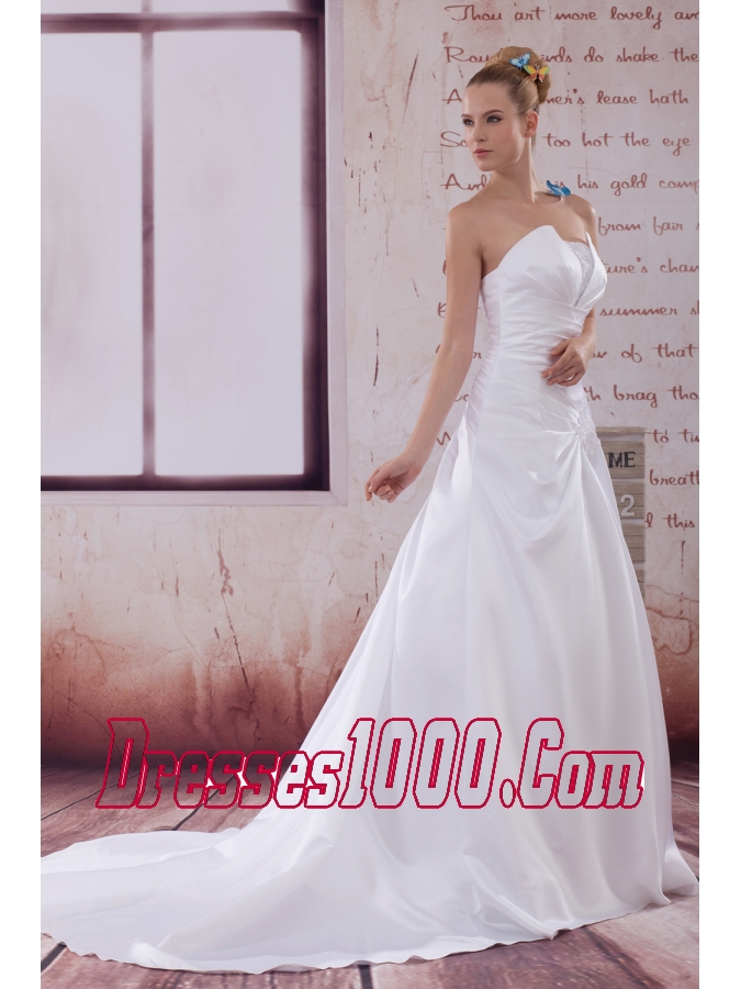 Ruching Court Train A-Line Strapless Wedding Dress
