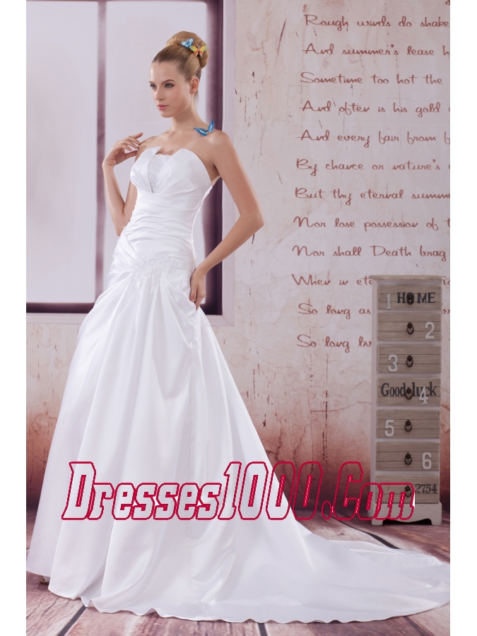 Ruching Court Train A-Line Strapless Wedding Dress