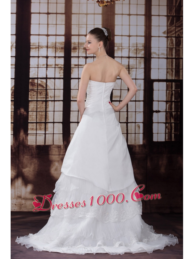 Ruffled Layers Strapless Lace Hand Made Flower Pleat Wedding Dress