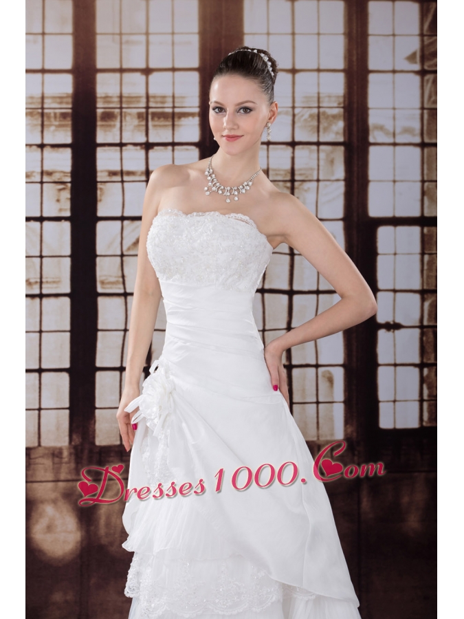 Ruffled Layers Strapless Lace Hand Made Flower Pleat Wedding Dress