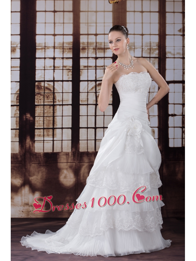 Ruffled Layers Strapless Lace Hand Made Flower Pleat Wedding Dress