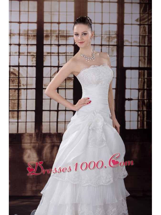 Ruffled Layers Strapless Lace Hand Made Flower Pleat Wedding Dress