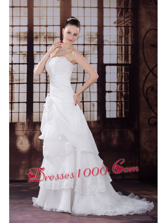 Ruffled Layers Strapless Lace Hand Made Flower Pleat Wedding Dress