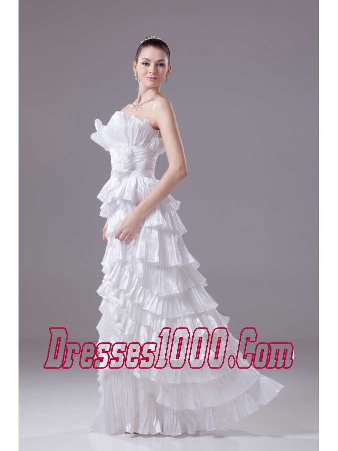 Ruffles and Pleat Strapless Column White long Wedding Dress