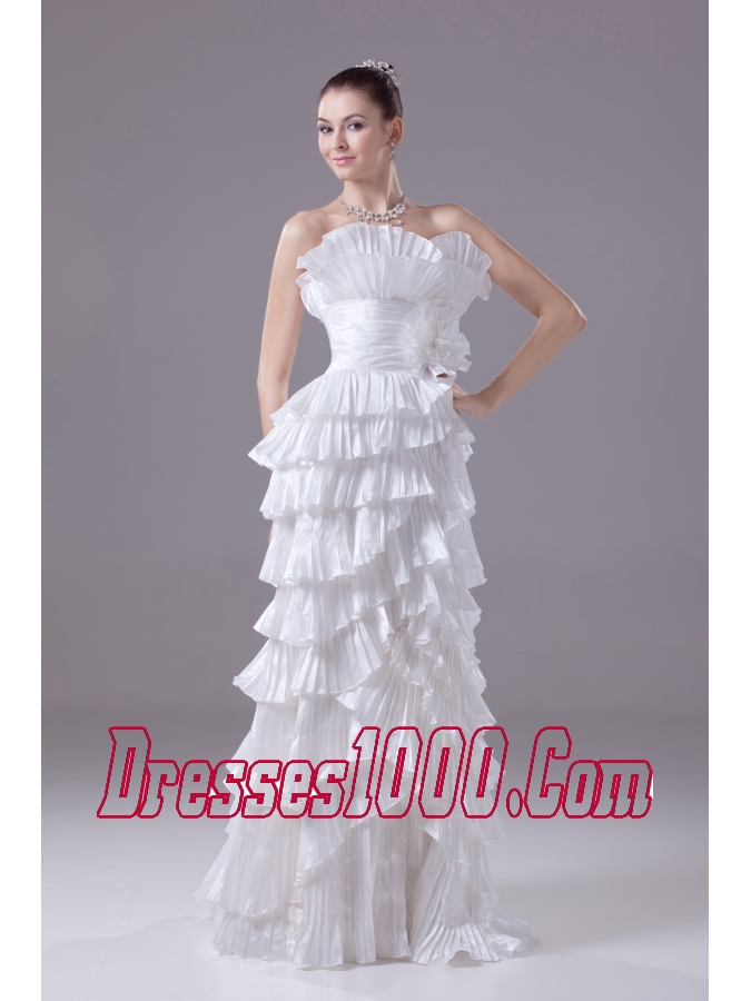 Ruffles and Pleat Strapless Column White long Wedding Dress