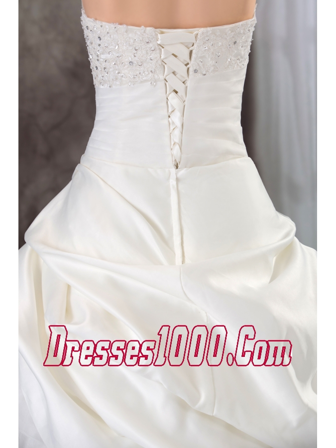 Ruffles Beading Strapless Brush Train Weding Dress