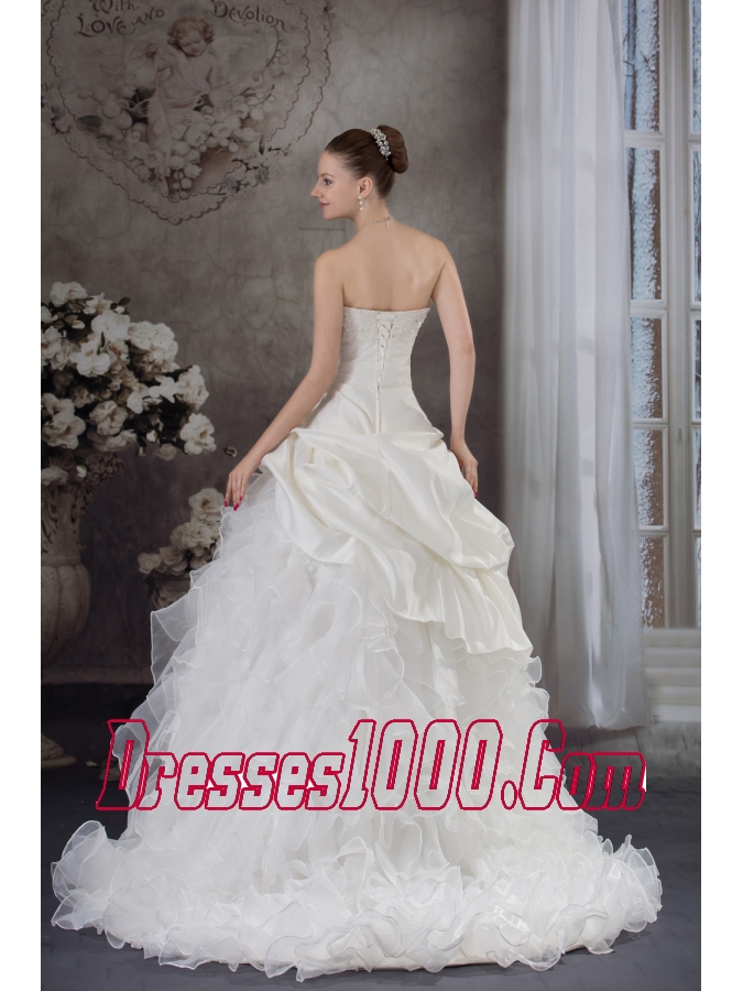 Ruffles Beading Strapless Brush Train Weding Dress