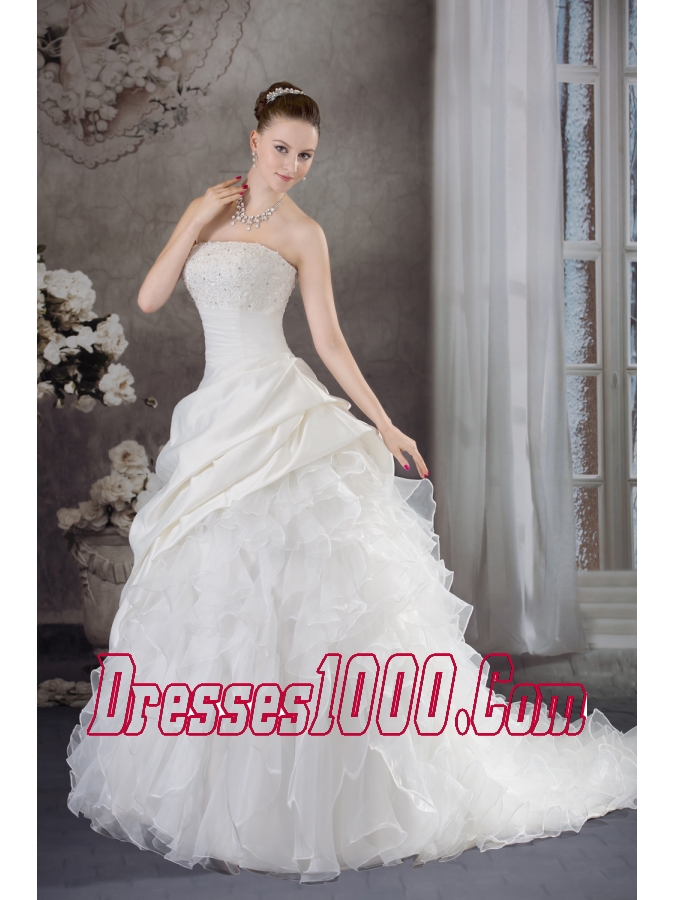 Ruffles Beading Strapless Brush Train Weding Dress