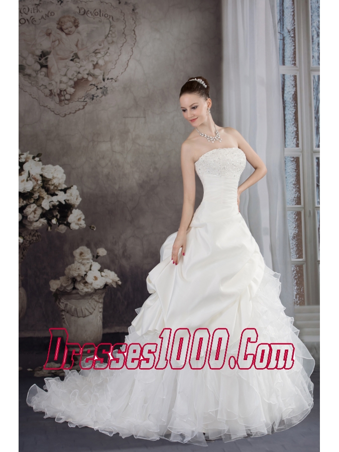 Ruffles Beading Strapless Brush Train Weding Dress