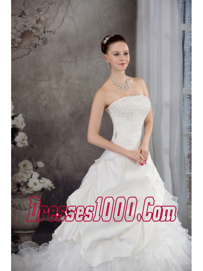 Ruffles Beading Strapless Brush Train Weding Dress