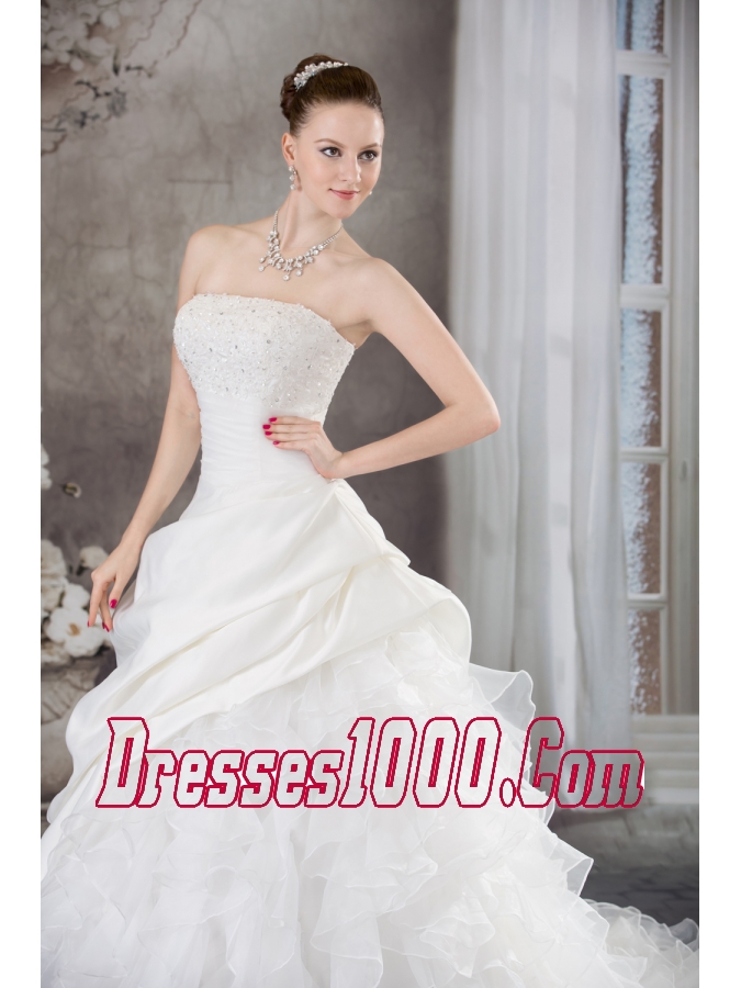 Ruffles Beading Strapless Brush Train Weding Dress