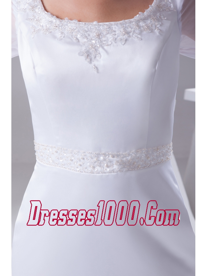 Scoop Long Sleeves Beading Brush Train Wedding Dress