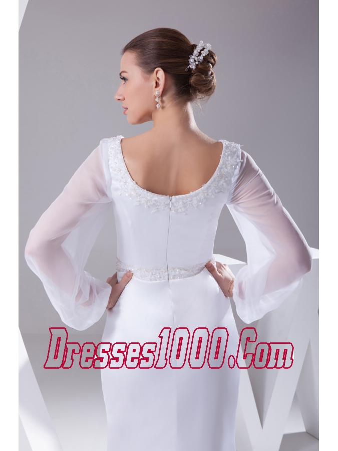 Scoop Long Sleeves Beading Brush Train Wedding Dress