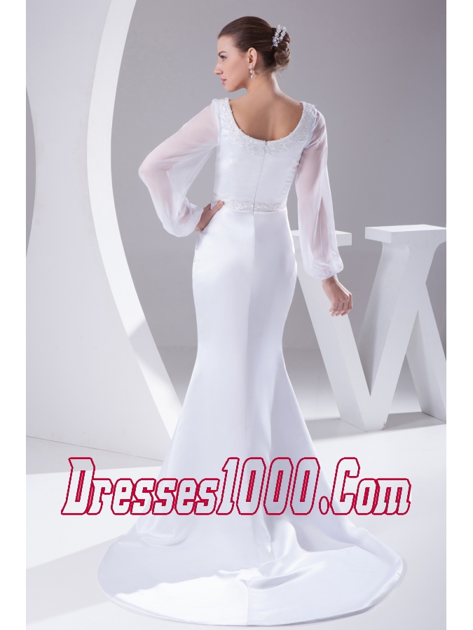 Scoop Long Sleeves Beading Brush Train Wedding Dress