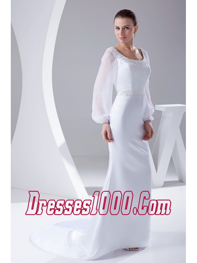 Scoop Long Sleeves Beading Brush Train Wedding Dress
