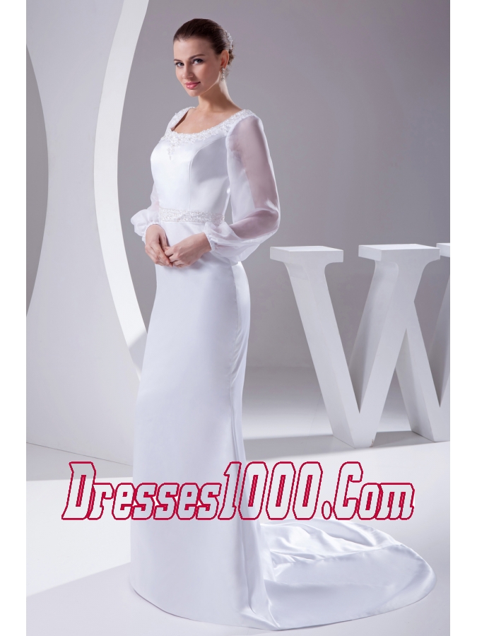 Scoop Long Sleeves Beading Brush Train Wedding Dress