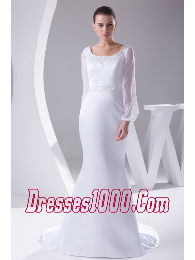 Scoop Long Sleeves Beading Brush Train Wedding Dress