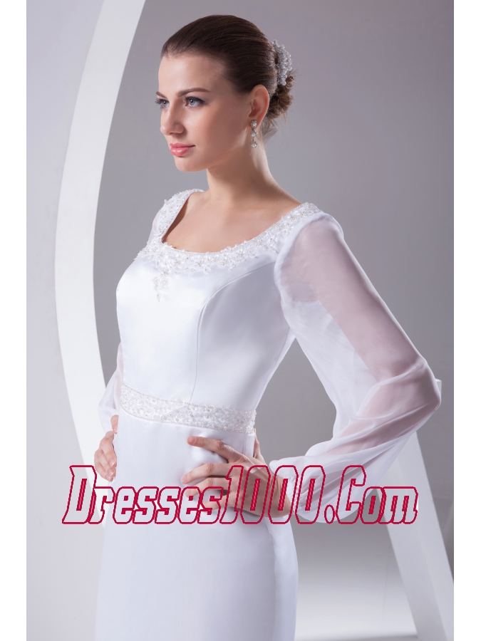 Scoop Long Sleeves Beading Brush Train Wedding Dress