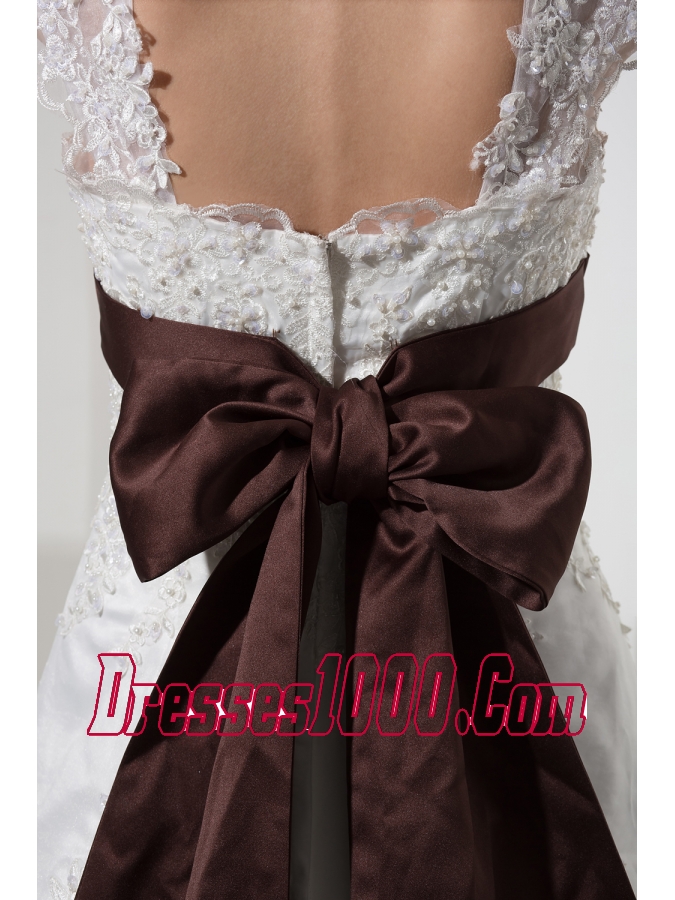 Square Neck Princess Lace Wedding Dress With Brown Sash