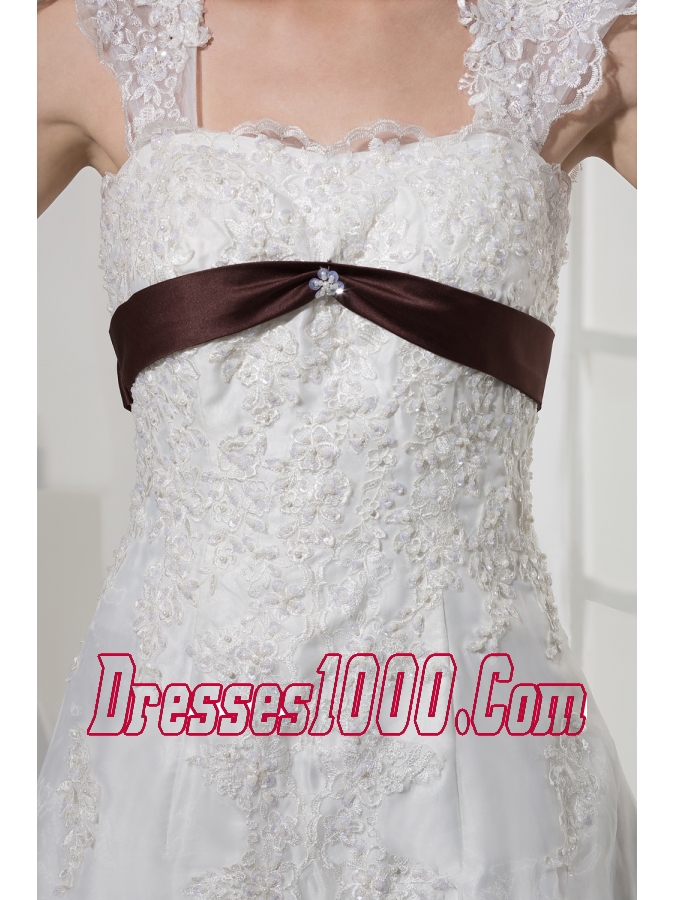 Square Neck Princess Lace Wedding Dress With Brown Sash