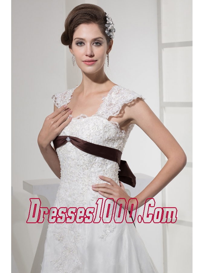 Square Neck Princess Lace Wedding Dress With Brown Sash