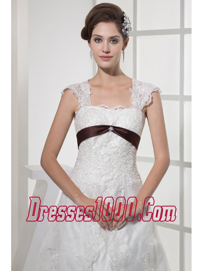 Square Neck Princess Lace Wedding Dress With Brown Sash