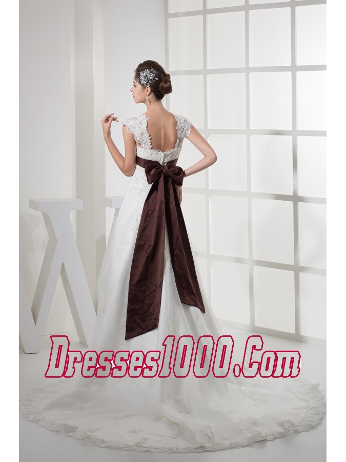 Square Neck Princess Lace Wedding Dress With Brown Sash