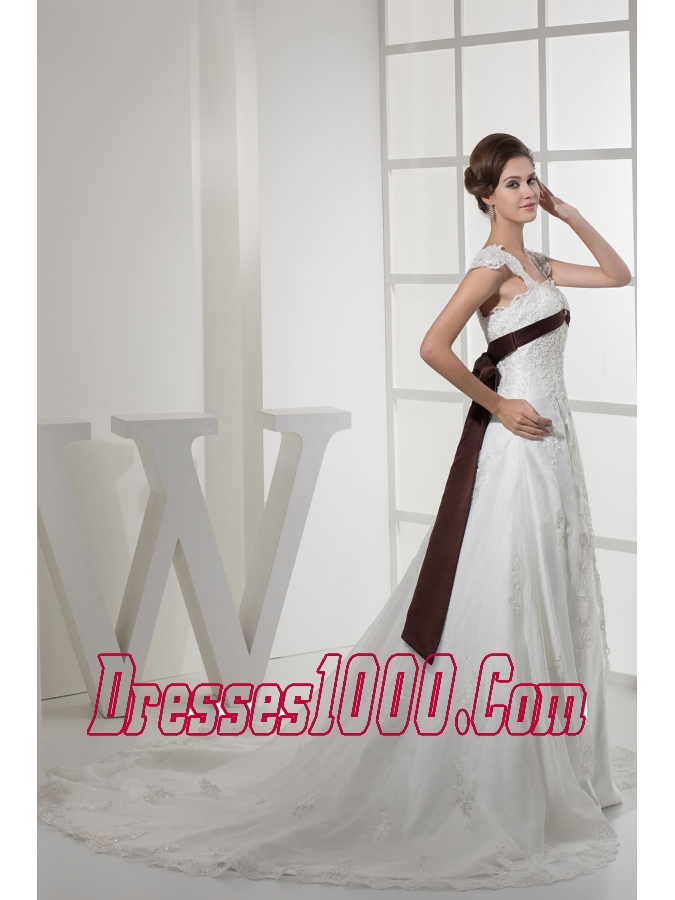 Square Neck Princess Lace Wedding Dress With Brown Sash