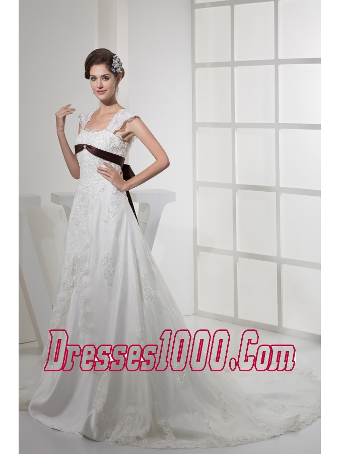 Square Neck Princess Lace Wedding Dress With Brown Sash