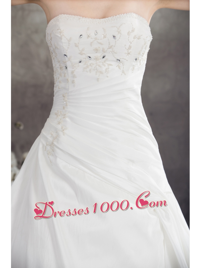 Strapless Beading A-line Brush Train Wedding Dress