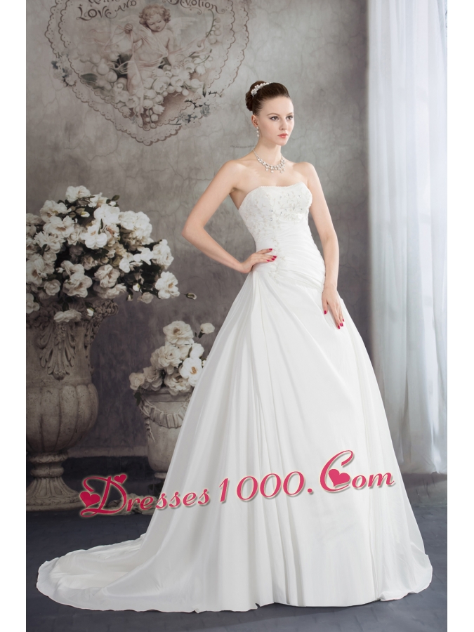 Strapless Beading A-line Brush Train Wedding Dress