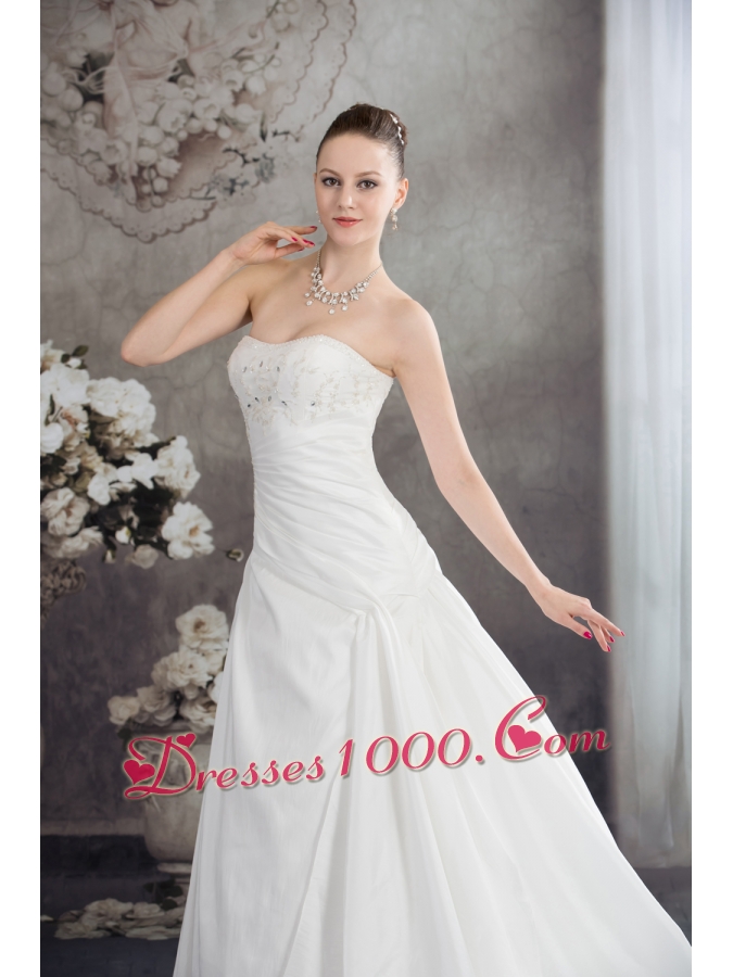 Strapless Beading A-line Brush Train Wedding Dress