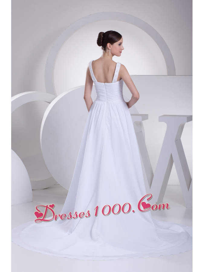 Straps Ruching Beading Court Train Empire Wedding Dress