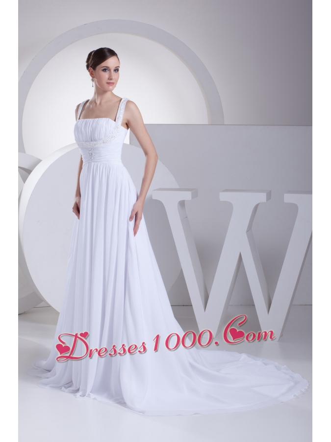 Straps Ruching Beading Court Train Empire Wedding Dress